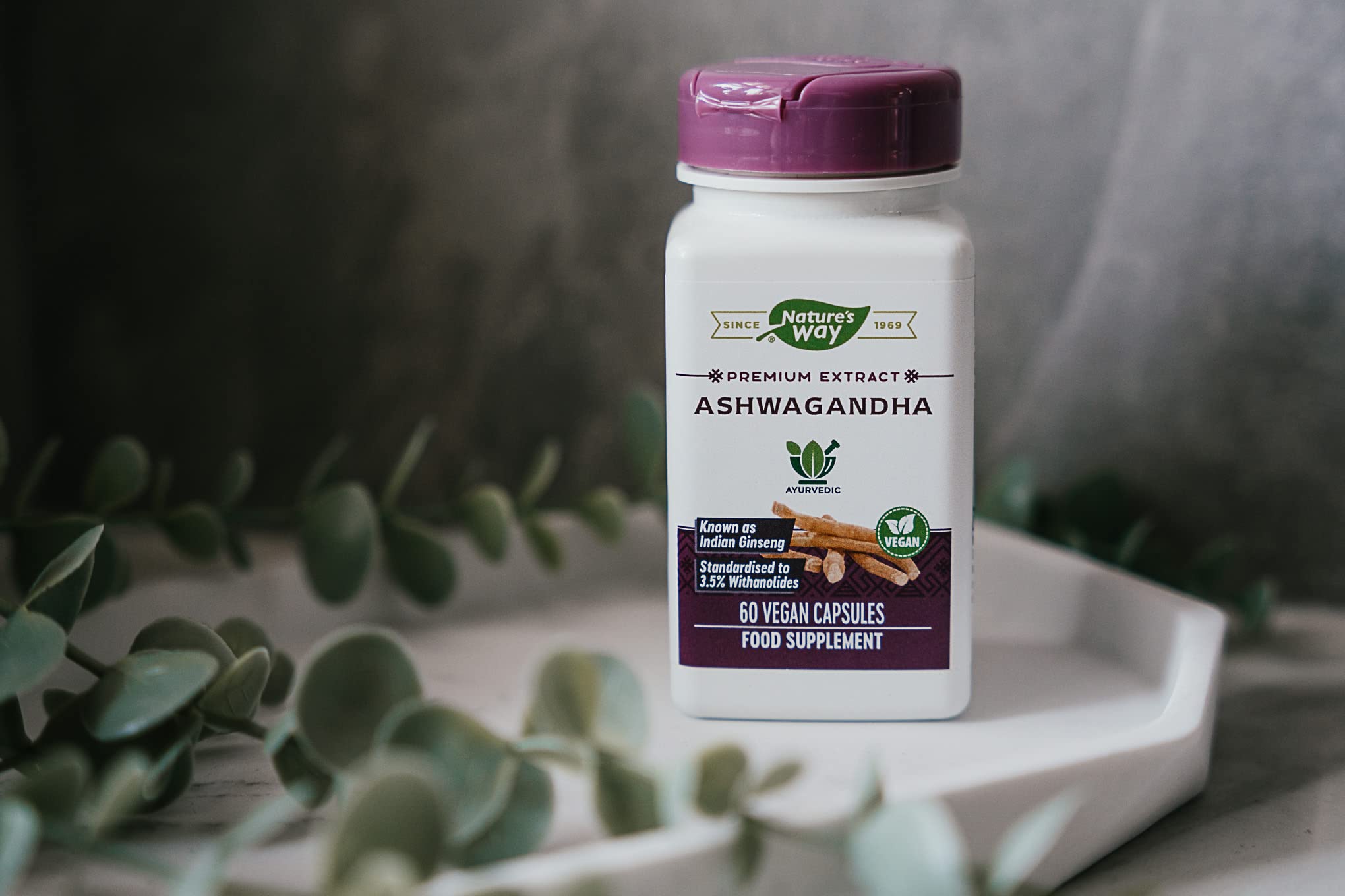 Nature's Way Ashwagandha packaging box displayed for branding and heritage.