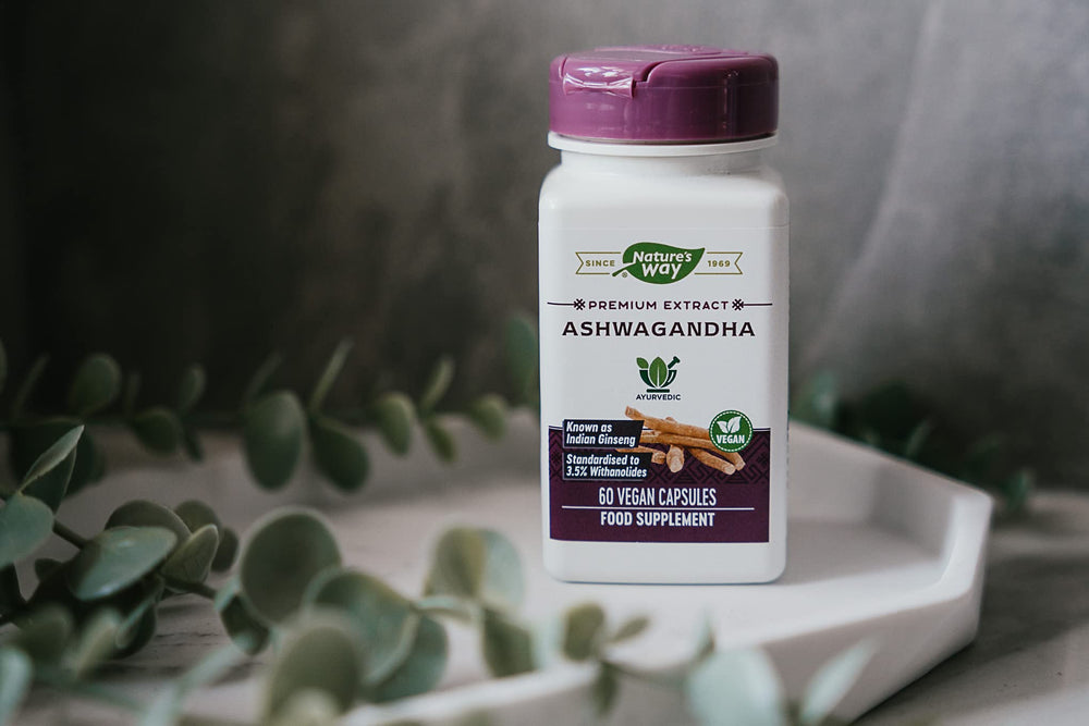 Nature's Way Ashwagandha packaging box displayed for branding and heritage.