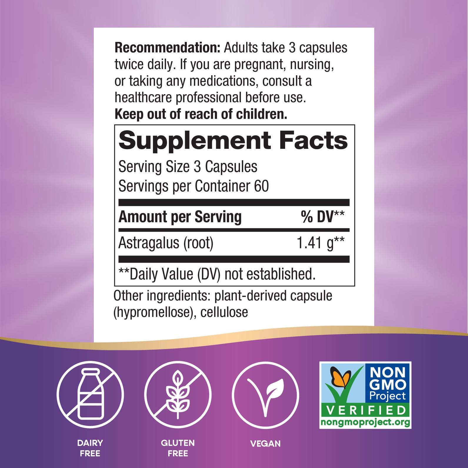Nature's Way Astragalus Root capsules close-up, vegan and non-GMO friendly.