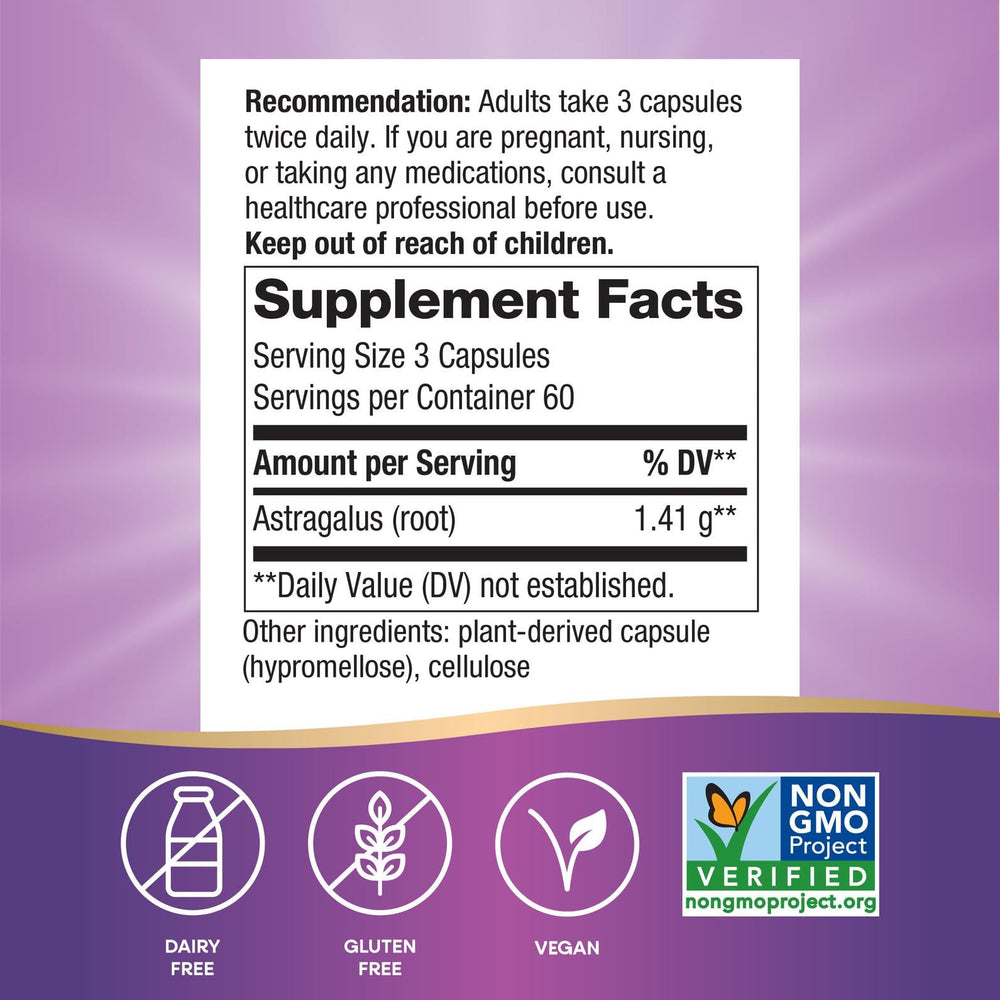 Nature's Way Astragalus Root capsules close-up, vegan and non-GMO friendly.