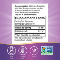Nature's Way Astragalus Root capsules close-up, vegan and non-GMO friendly.