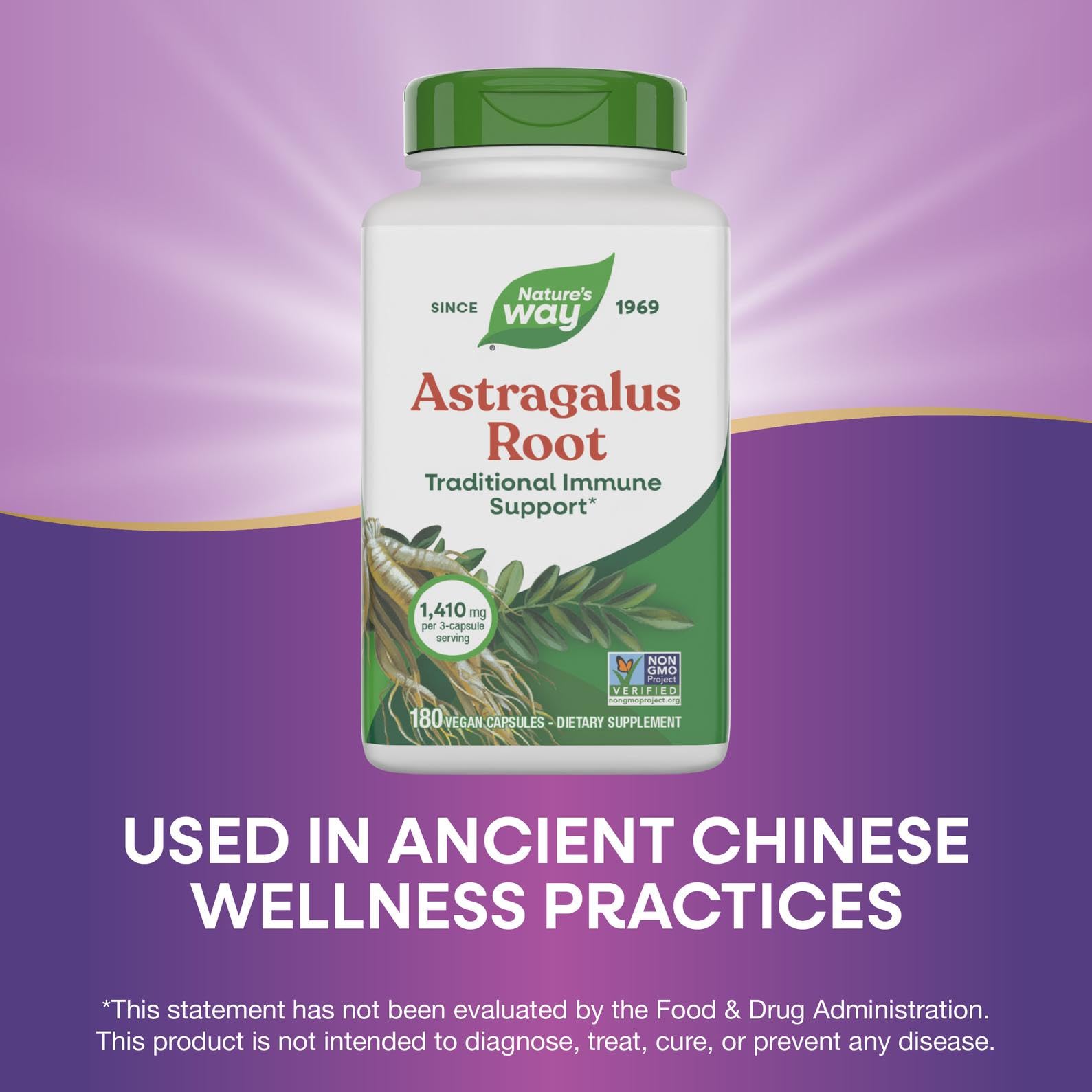 Nature's Way Astragalus Root near ingredients panel and Non-GMO verification.