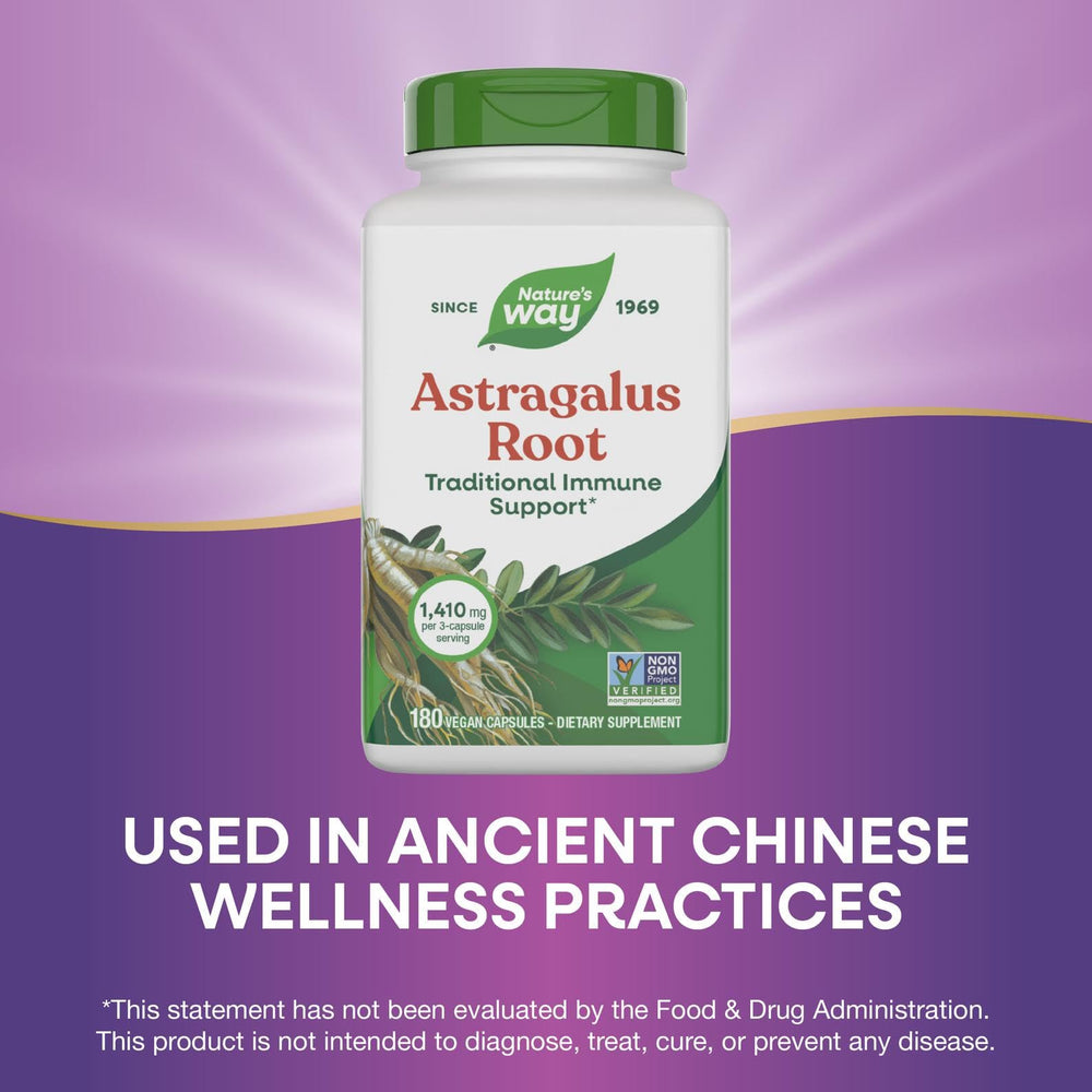 Nature's Way Astragalus Root near ingredients panel and Non-GMO verification.