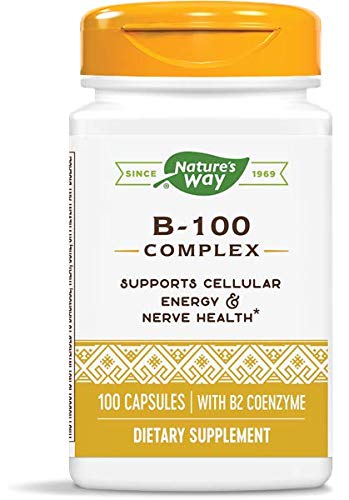Nature's Way B-100 Complex bottle pour highlights daily energy support.