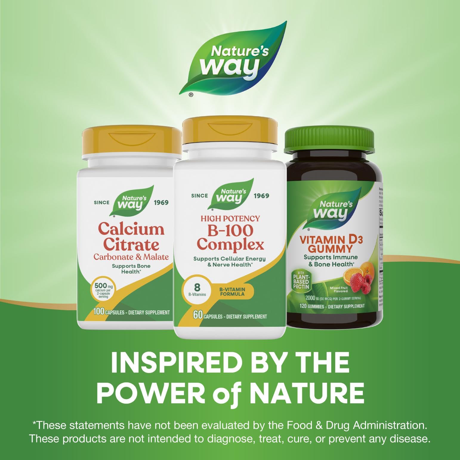 Nature's Way branding card emphasizes a 50-year commitment to natural wellness