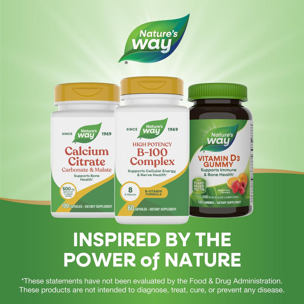 Nature's Way branding card emphasizes a 50-year commitment to natural wellness