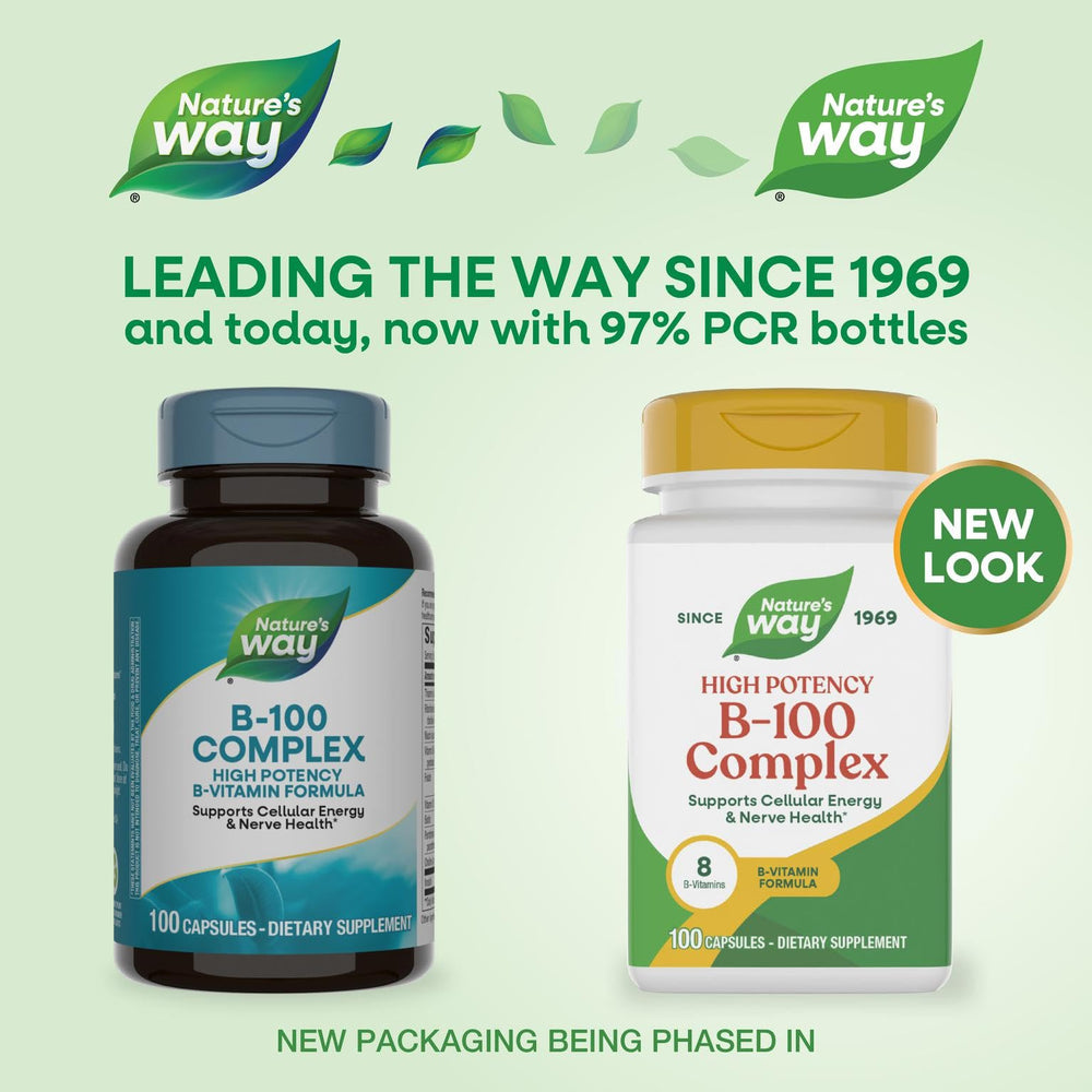 Nature's Way B-100 Complex capsules close-up showing a convenient daily dose.