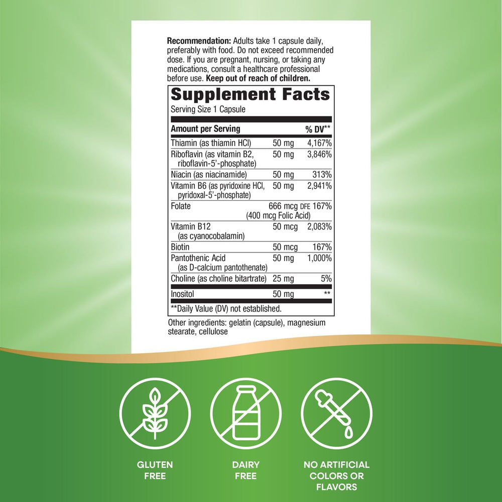 Nature's Way B-50 Complex bottle back label highlights gluten-free and allergen-conscious formula