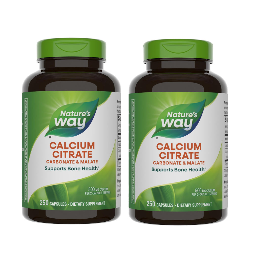 Nature's Way Calcium Citrate bottle shows a 2-capsule serving for bone support.