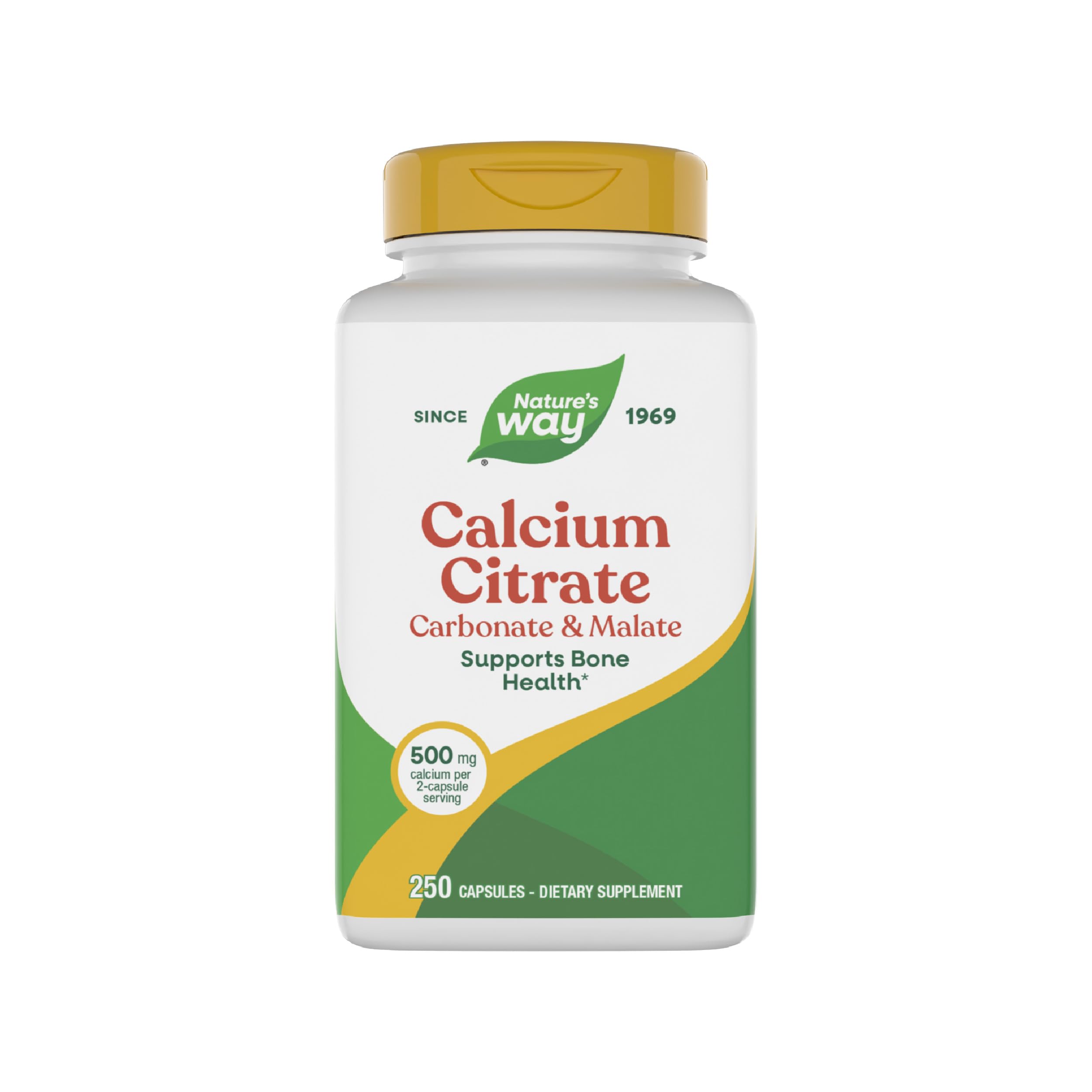 Nature's Way Calcium Citrate bottle showing 500 mg per 2 capsules for bone support.