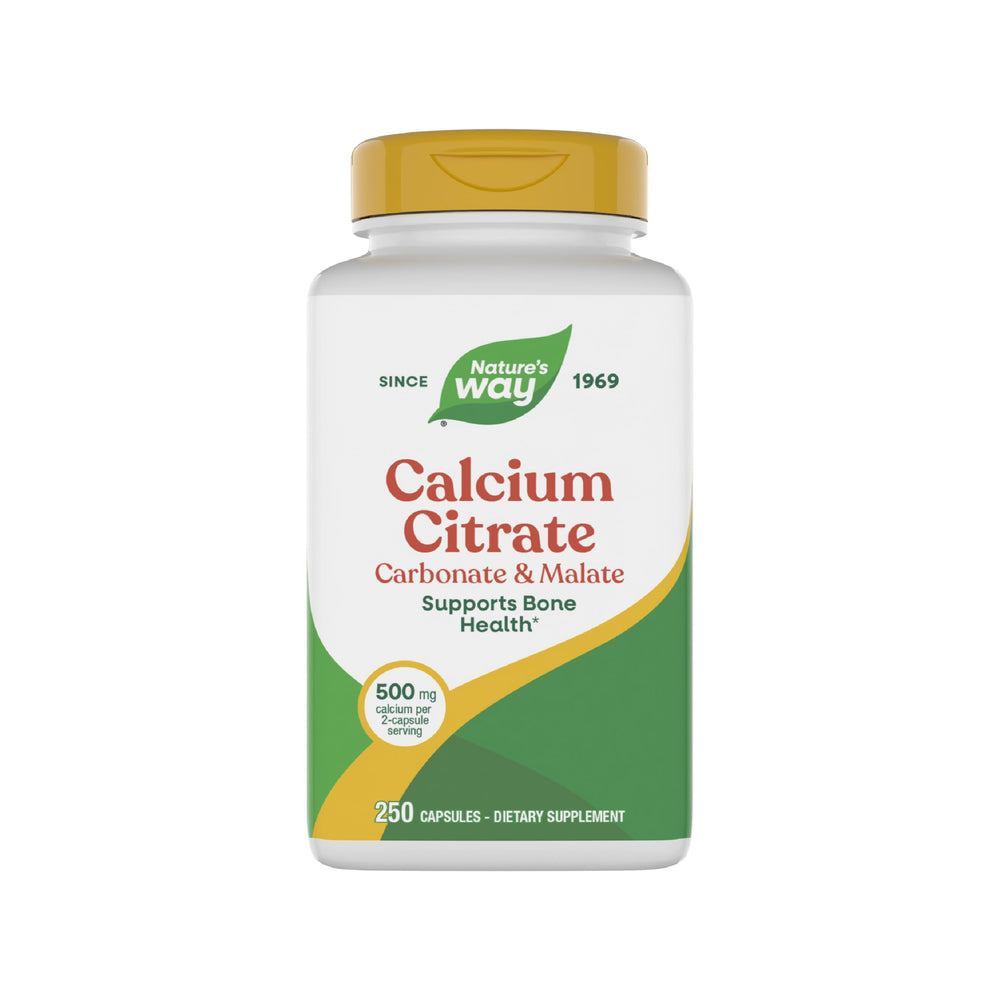 Nature's Way Calcium Citrate bottle showing 500 mg per 2 capsules for bone support.