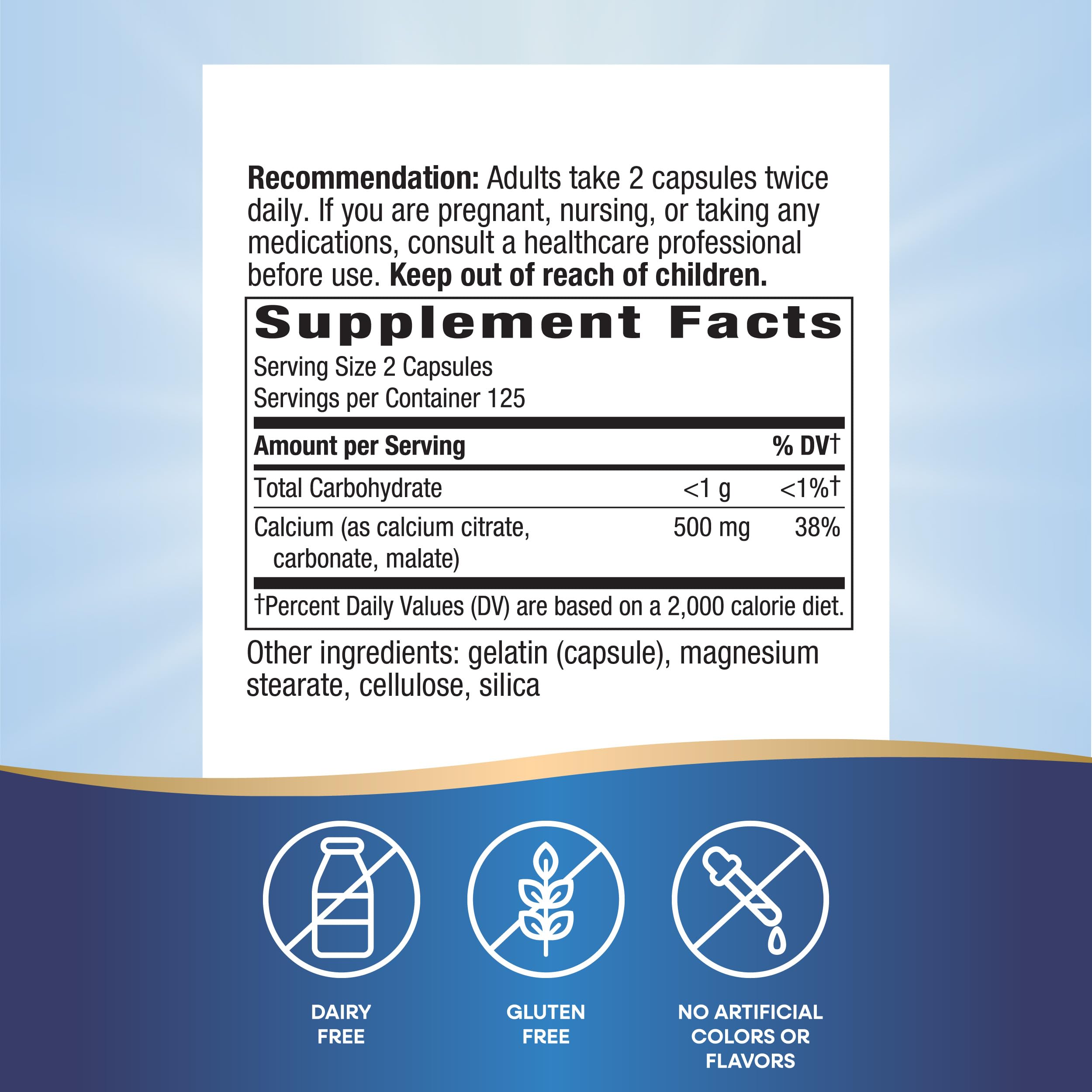 Nature's Way Calcium Citrate label highlights citrate, malate, and carbonate forms for bone support.