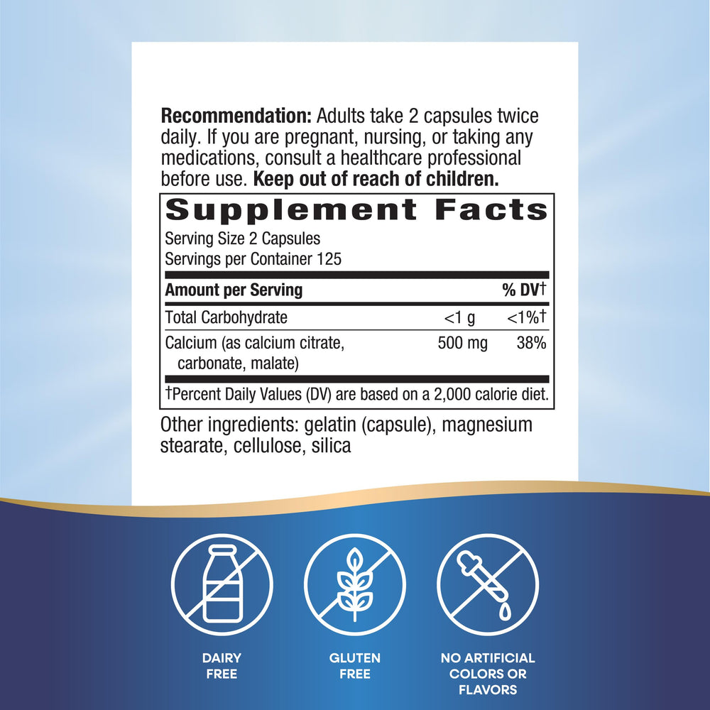 Nature's Way Calcium Citrate label highlights citrate, malate, and carbonate forms for bone support.
