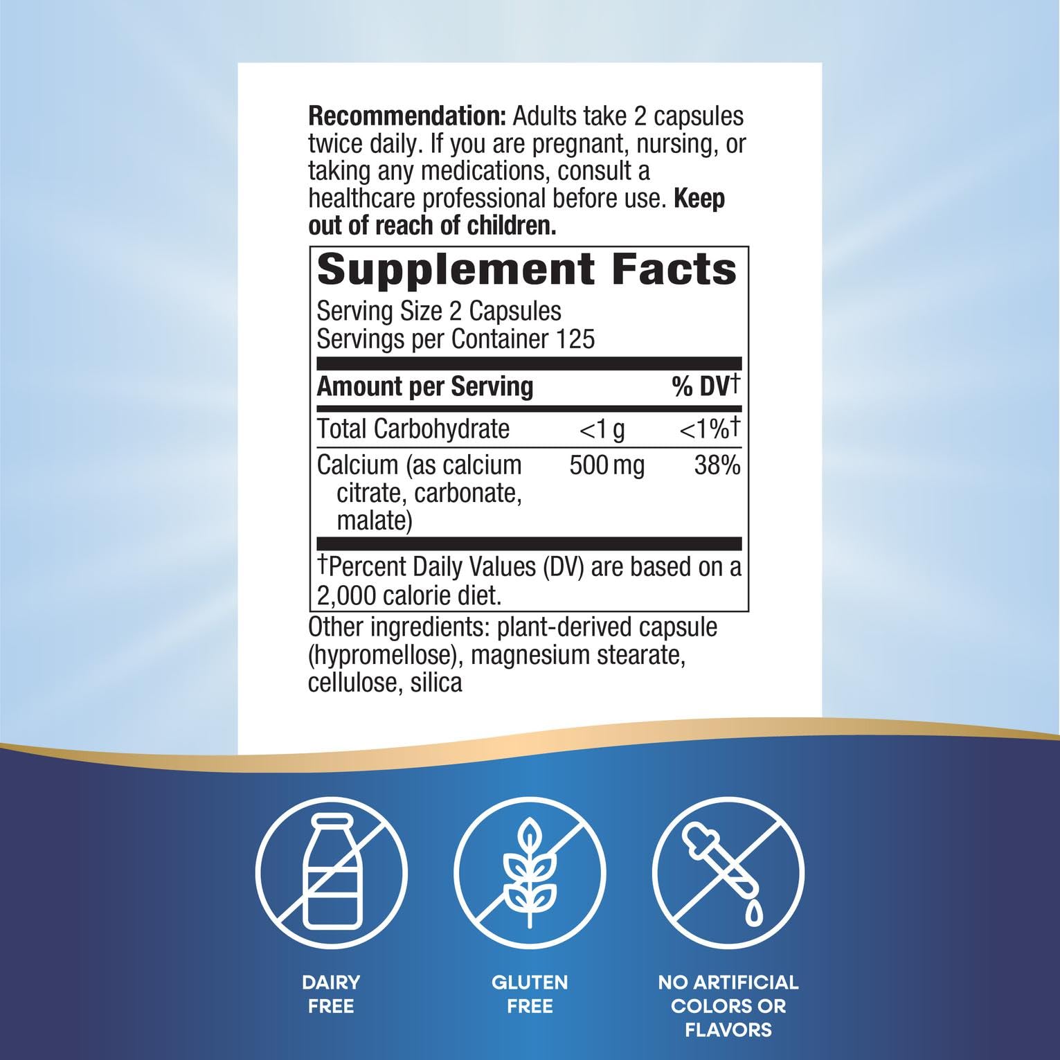 Nature's Way Calcium Citrate label highlights gluten-free and allergen-free formula.
