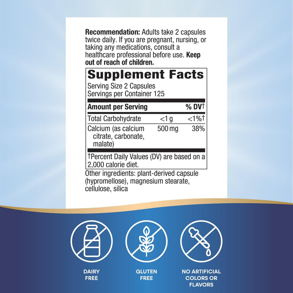 Nature's Way Calcium Citrate label highlights gluten-free and allergen-free formula.