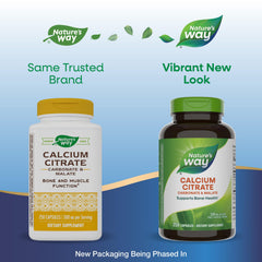 Close-up of Nature's Way Calcium Citrate capsules prepared as a two-capsule serving.