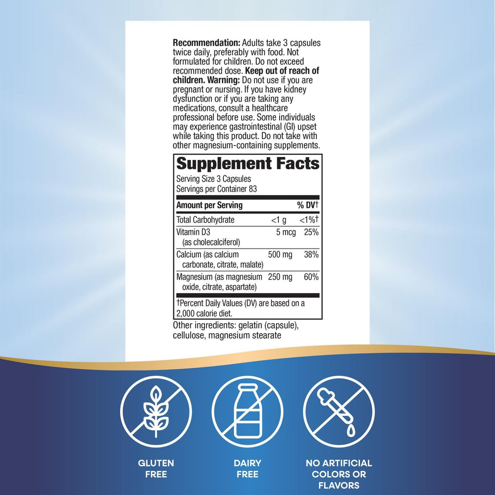 Nature's Way Calcium Mag D3 bottle back outlines dosage and benefits.