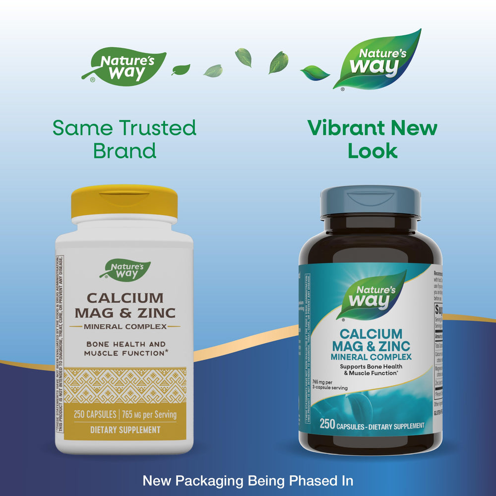 Nature's Way calcium magnesium zinc ingredients panel highlighting essential minerals