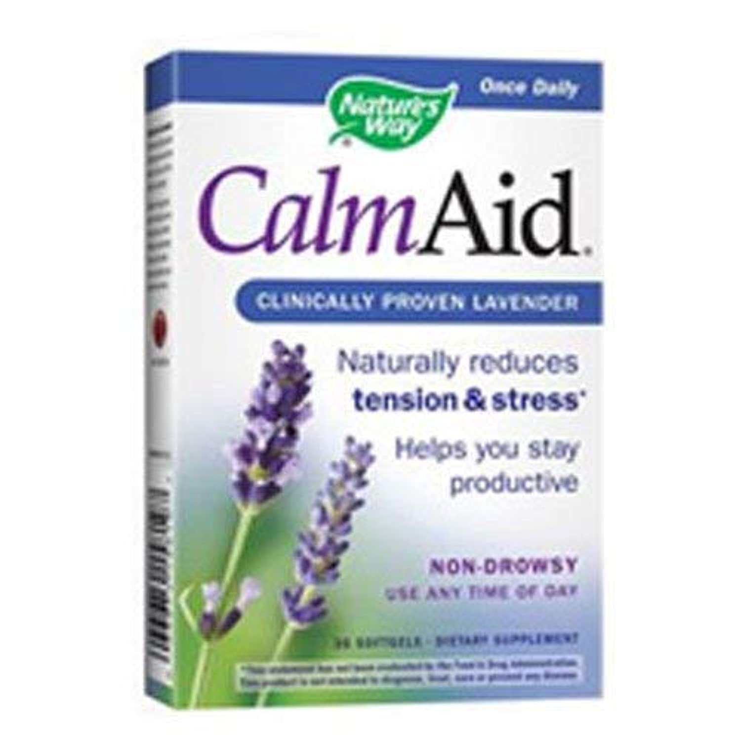 Nature's Way CalmAid lavender softgel bottle shown for gentle relaxation and mood support