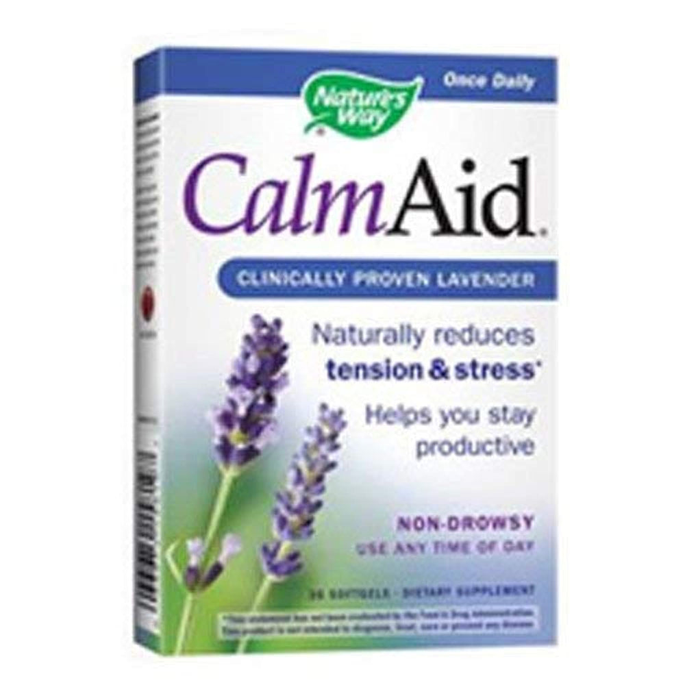 Nature's Way CalmAid lavender softgel bottle shown for gentle relaxation and mood support