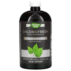 Nature's Way Chlorofresh bottle close-up, unflavored liquid for internal deodorant use.