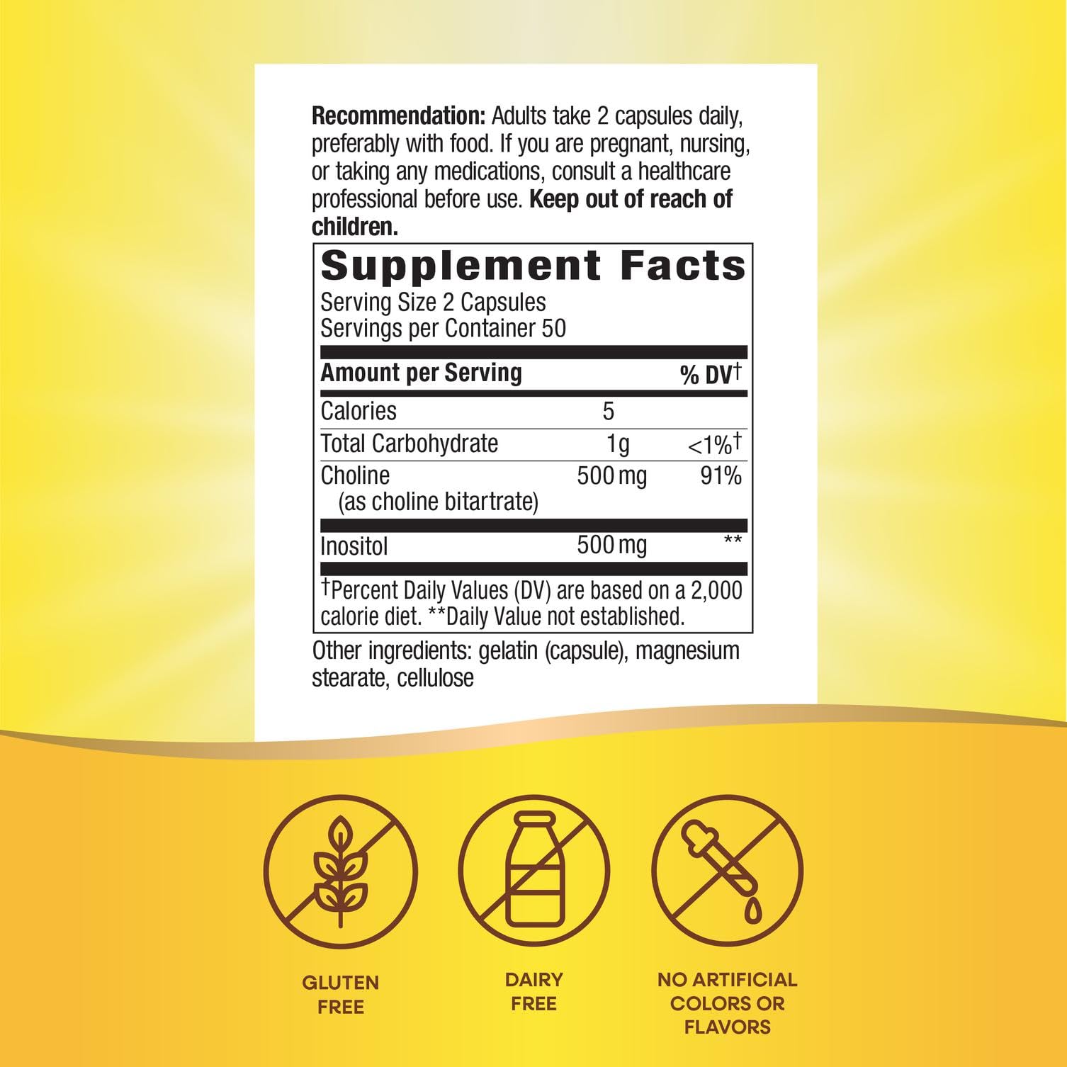 Nature's Way Choline & Inositol gluten-free badge on packaging