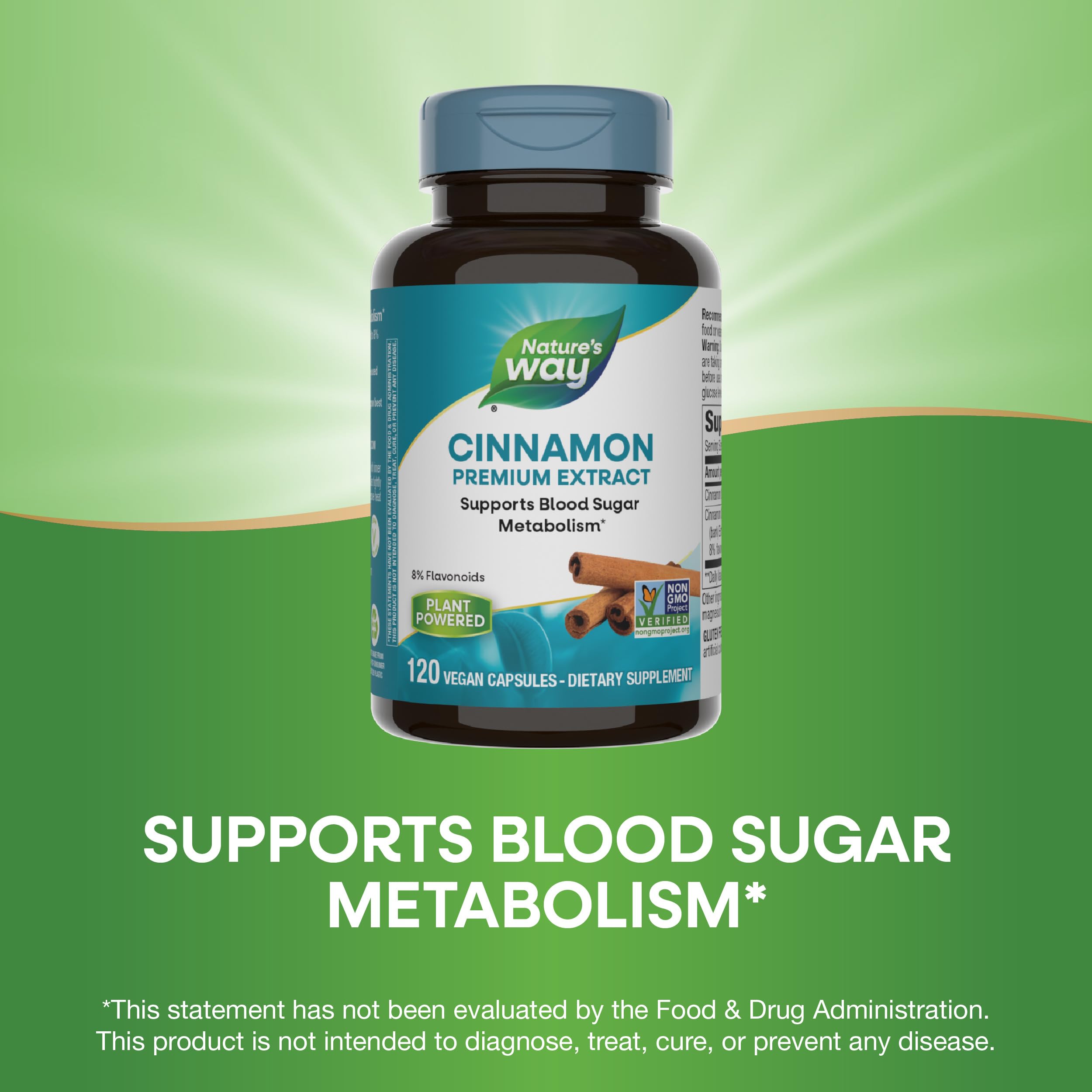 Nature's Way Cinnamon Premium Extract features 8% flavonoids standardized for potency.