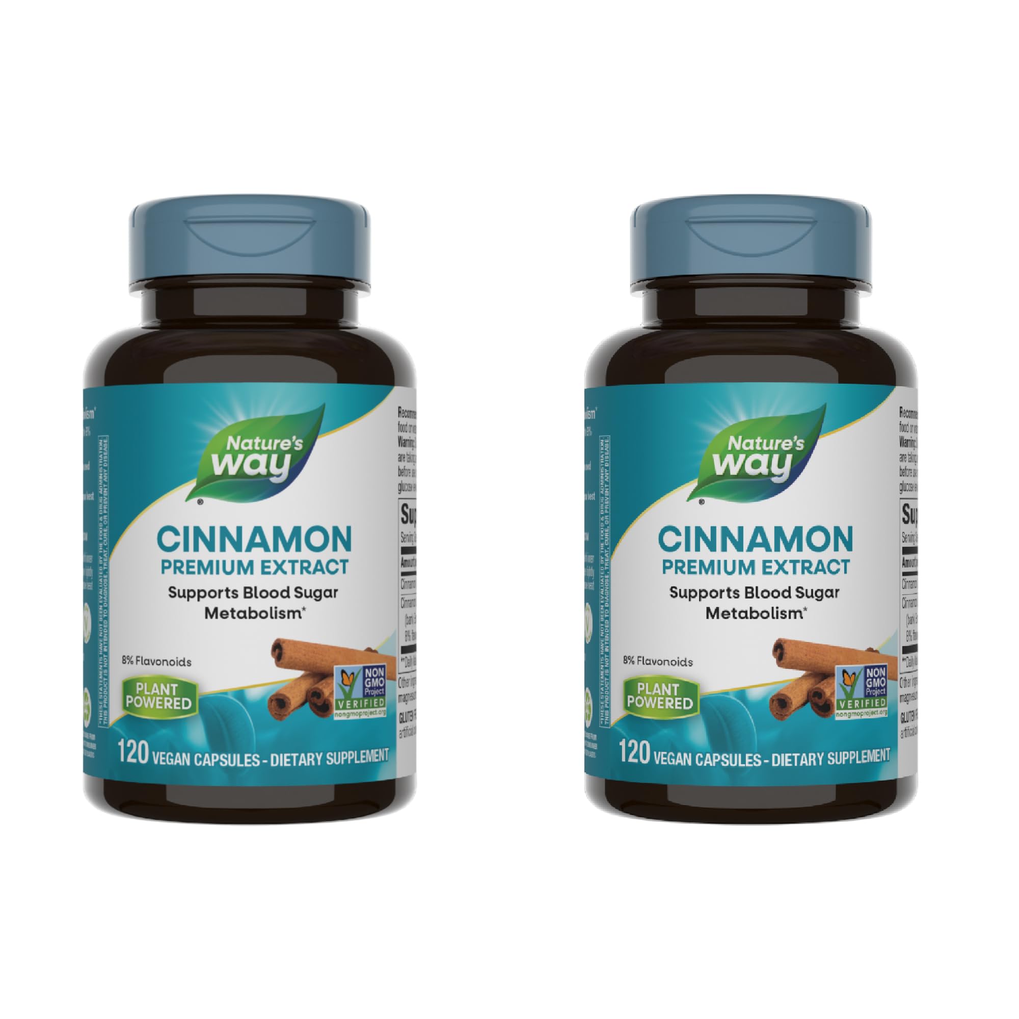 Nature's Way Cinnamon Premium Extract bottle with 120 vegan capsules, supports carbohydrate metabolism.