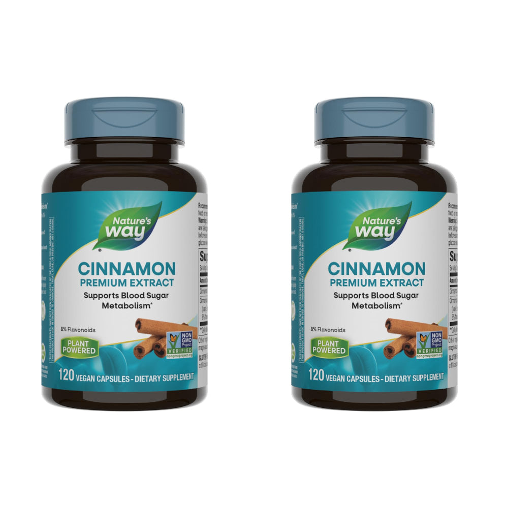 Nature's Way Cinnamon Premium Extract bottle with 120 vegan capsules, supports carbohydrate metabolism.
