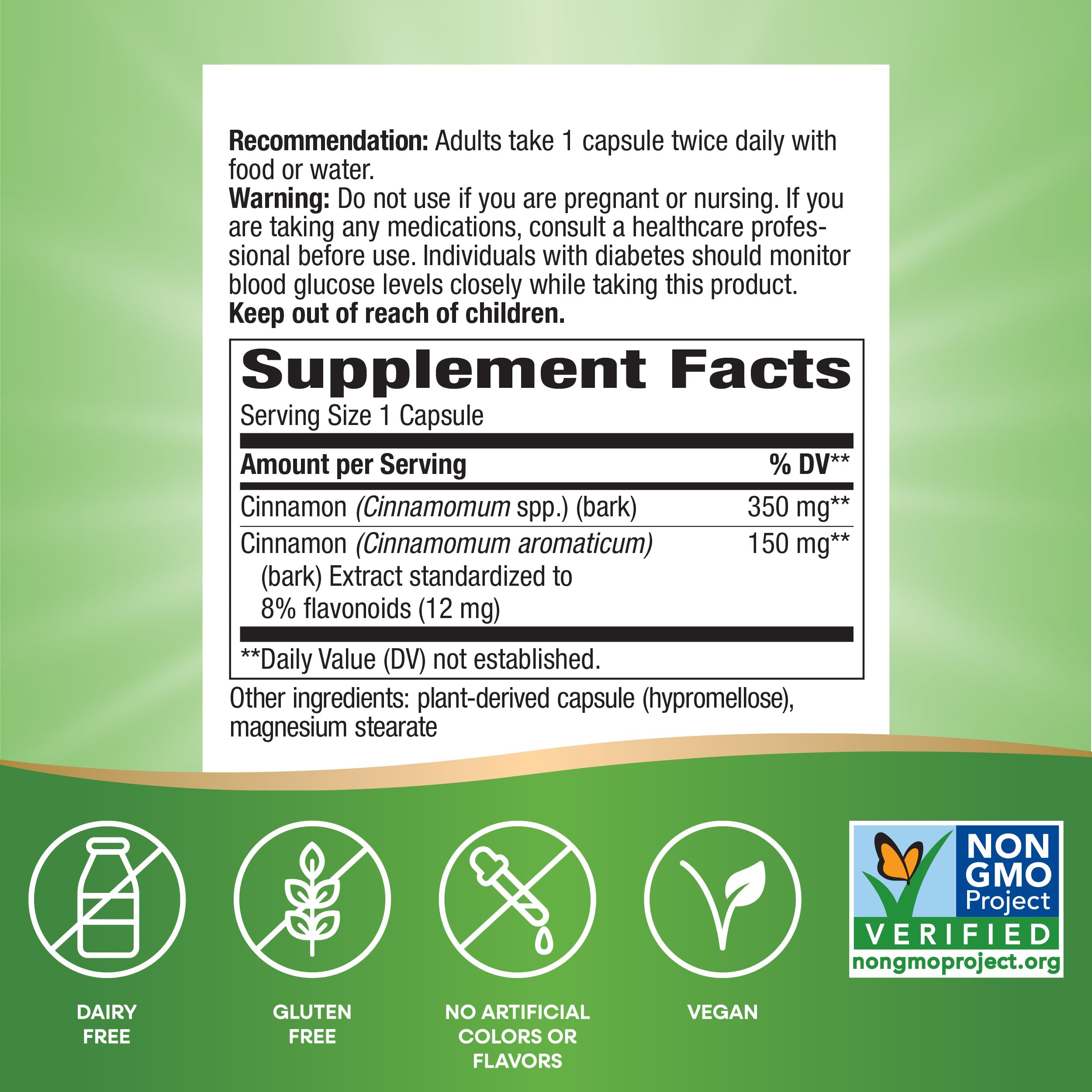 Nature's Way Cinnamon Premium Extract capsules ready to take with meals for daily support.