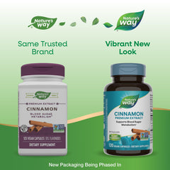 Nature's Way Cinnamon Premium Extract label highlights 8% flavonoids for consistency.