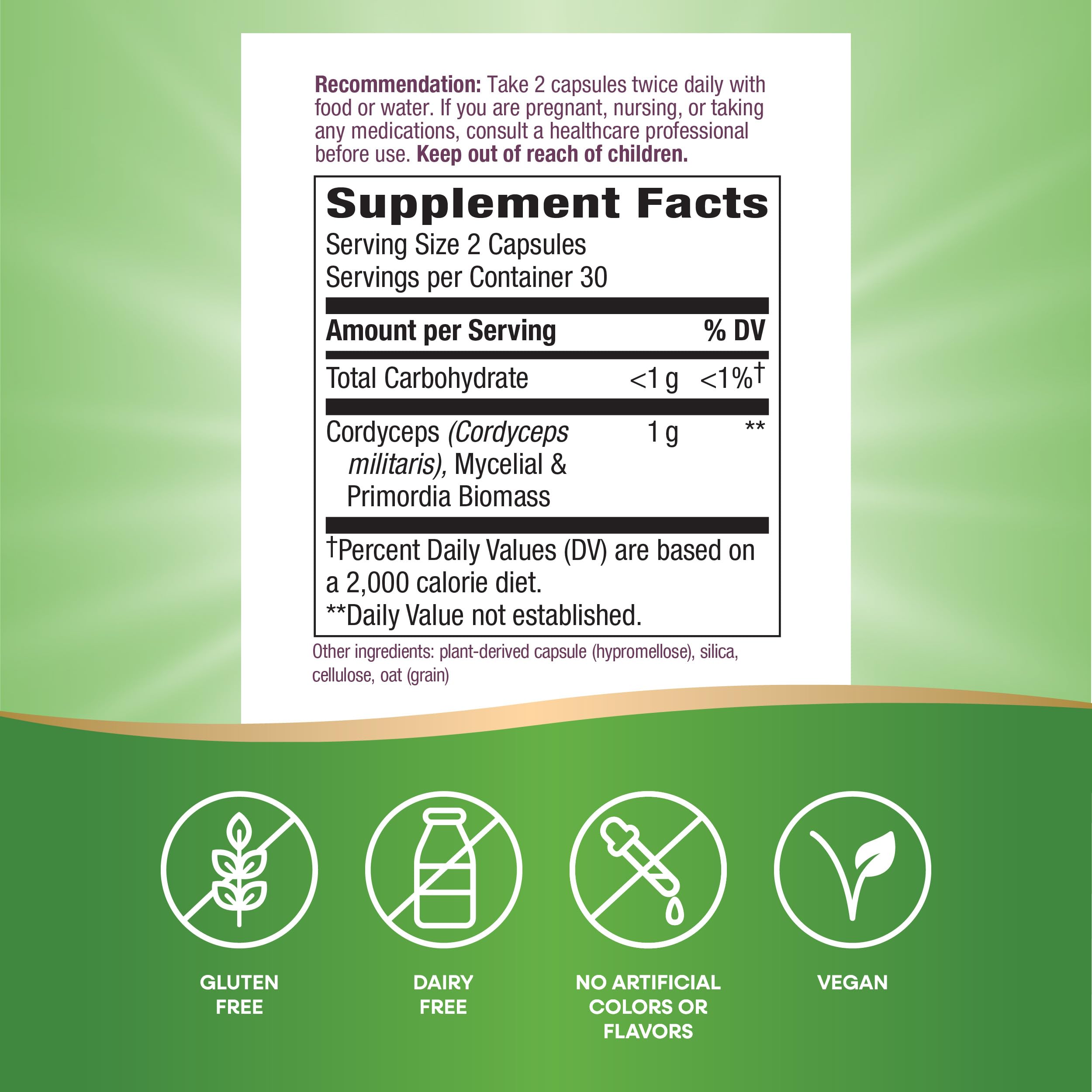 Nature's Way Cordyceps capsules on display highlighting vegan formula