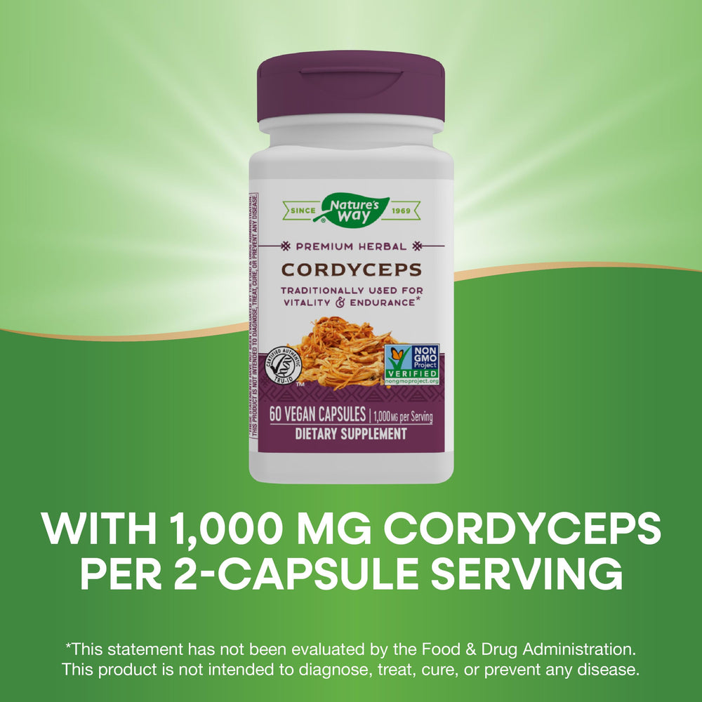 Nature's Way Cordyceps USA-grown label indicating quality and origin