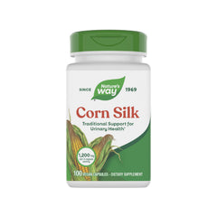 Nature's Way Corn Silk bottle on wood table shows vegan and gluten-free packaging