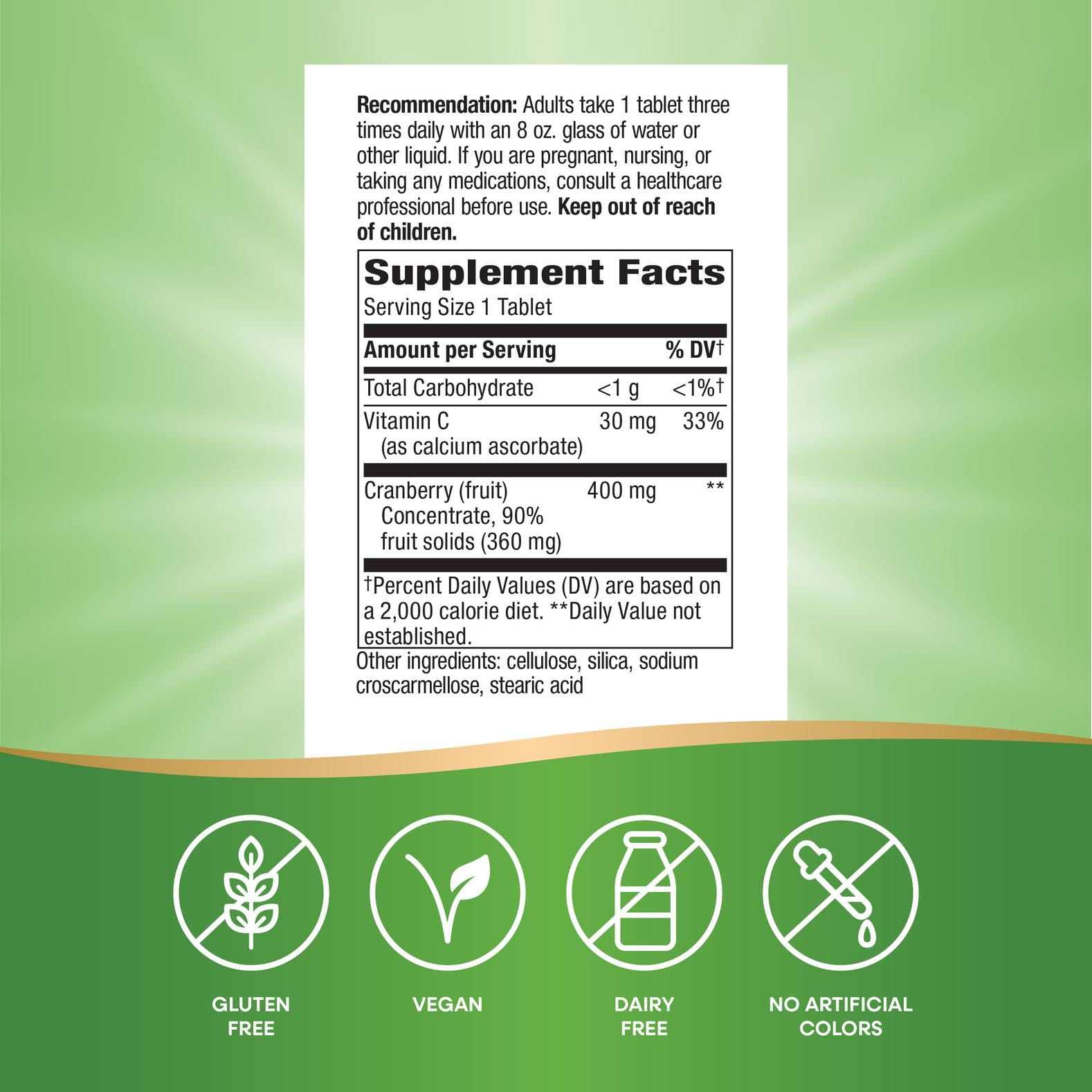 Nature's Way Cranberry Premium Blend label detail with cranberry concentrate information.