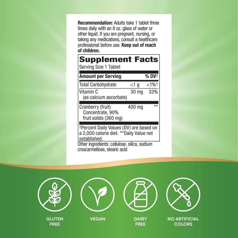 Nature's Way Cranberry Premium Blend label detail with cranberry concentrate information.