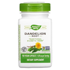 Nature's Way Dandelion Root bottle side label highlights non-GMO and single herb convenience.