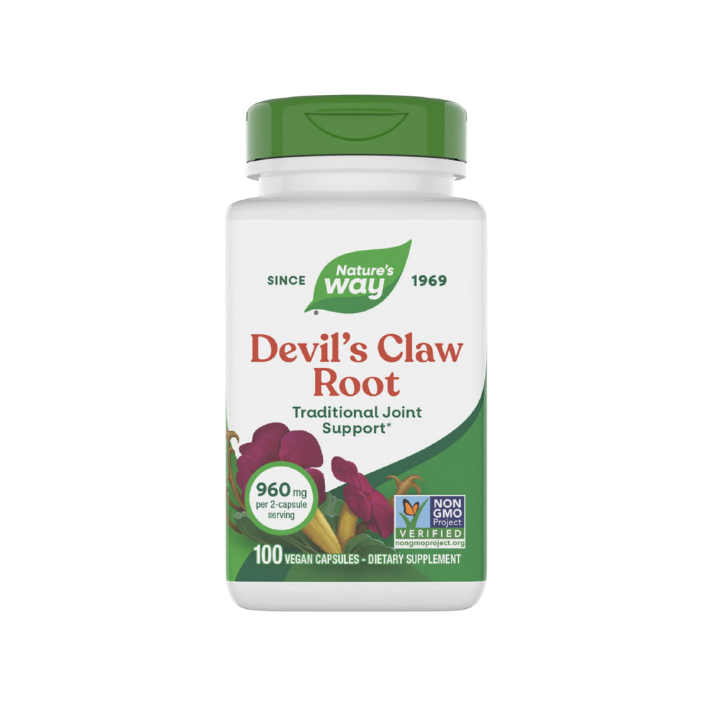 Nature's Way Devil's Claw Root bottle highlights traditional joint support in a vegan, gluten-free formula