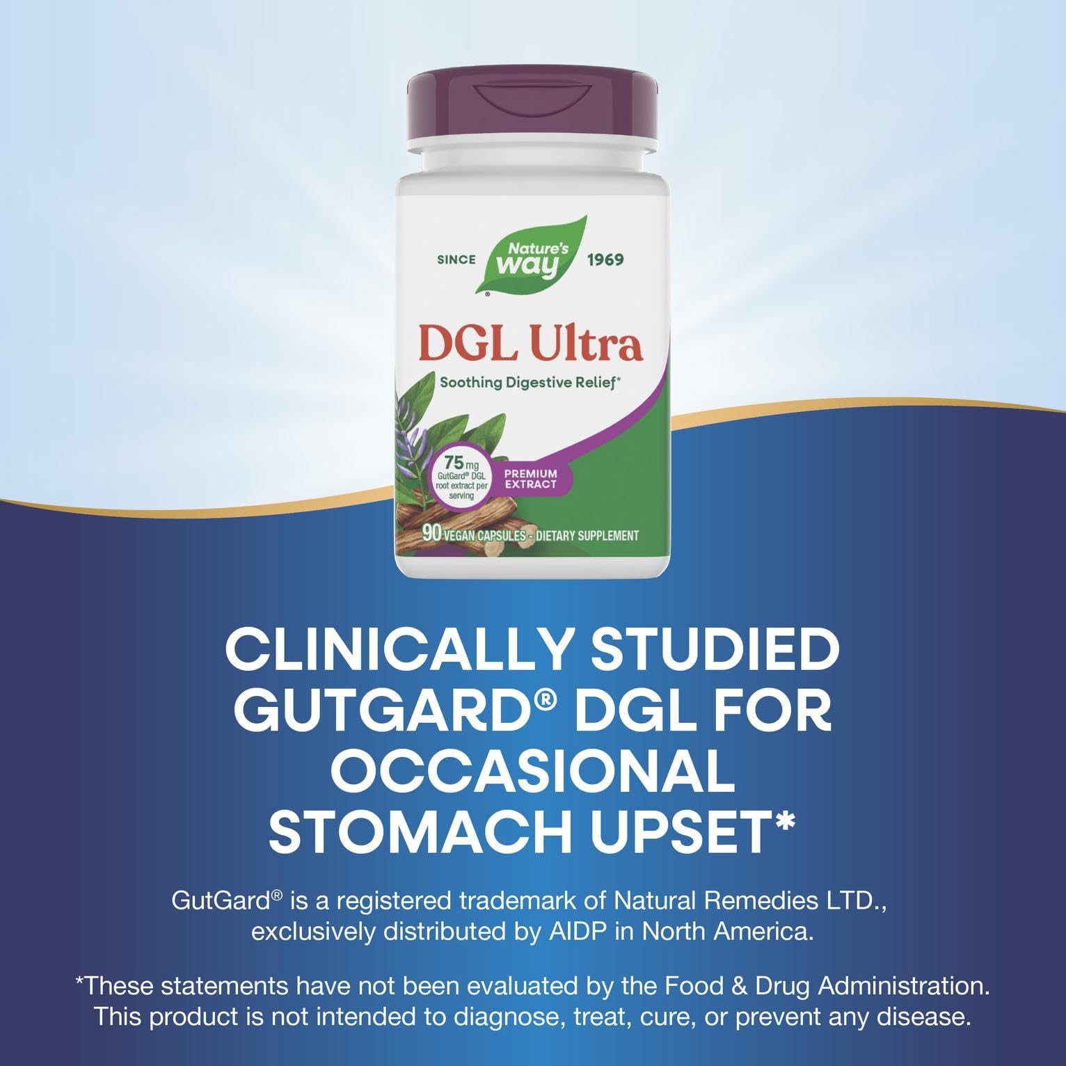 Nature's Way DGL Ultra box packaging displays supplement facts and vegan label.