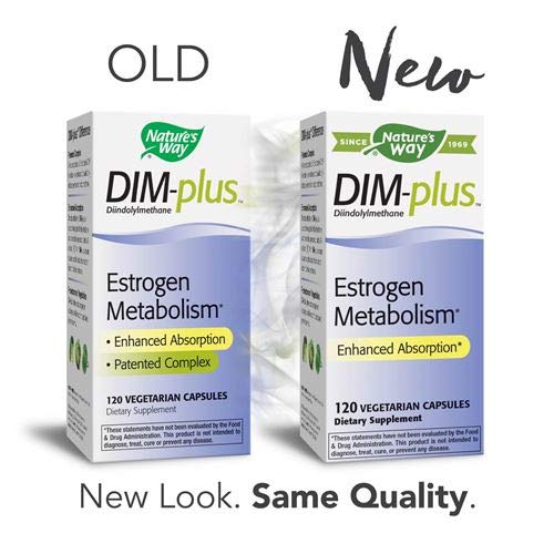 Nature's Way Dim-Plus label close-up highlighting DIM and ingredients