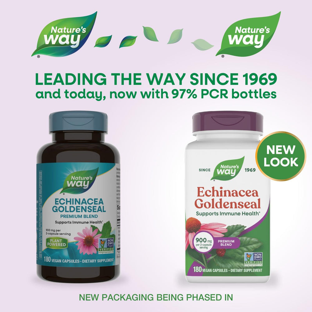 Nature's Way Echinacea Goldenseal label highlights 900 mg per serving