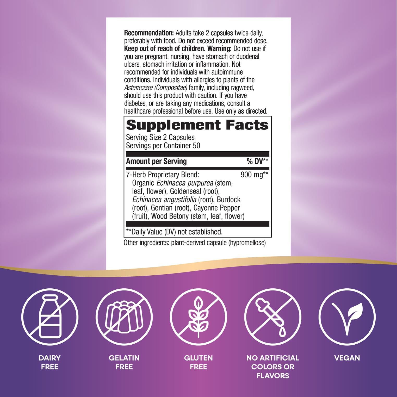 Serving size details highlight 900 mg per 2-capsule serving for potency.