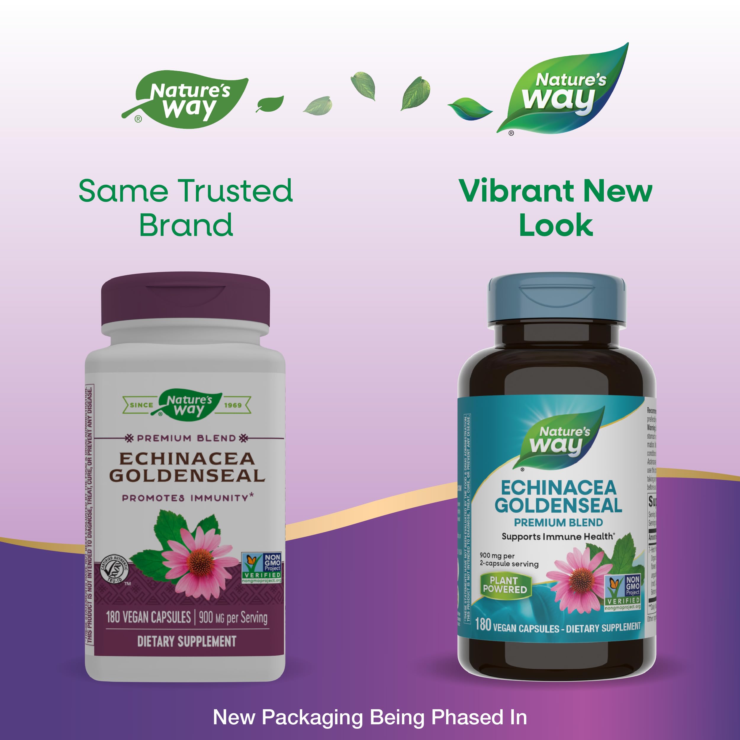 Nature's Way Echinacea Goldenseal vegan capsules container showcases plant-based supplement