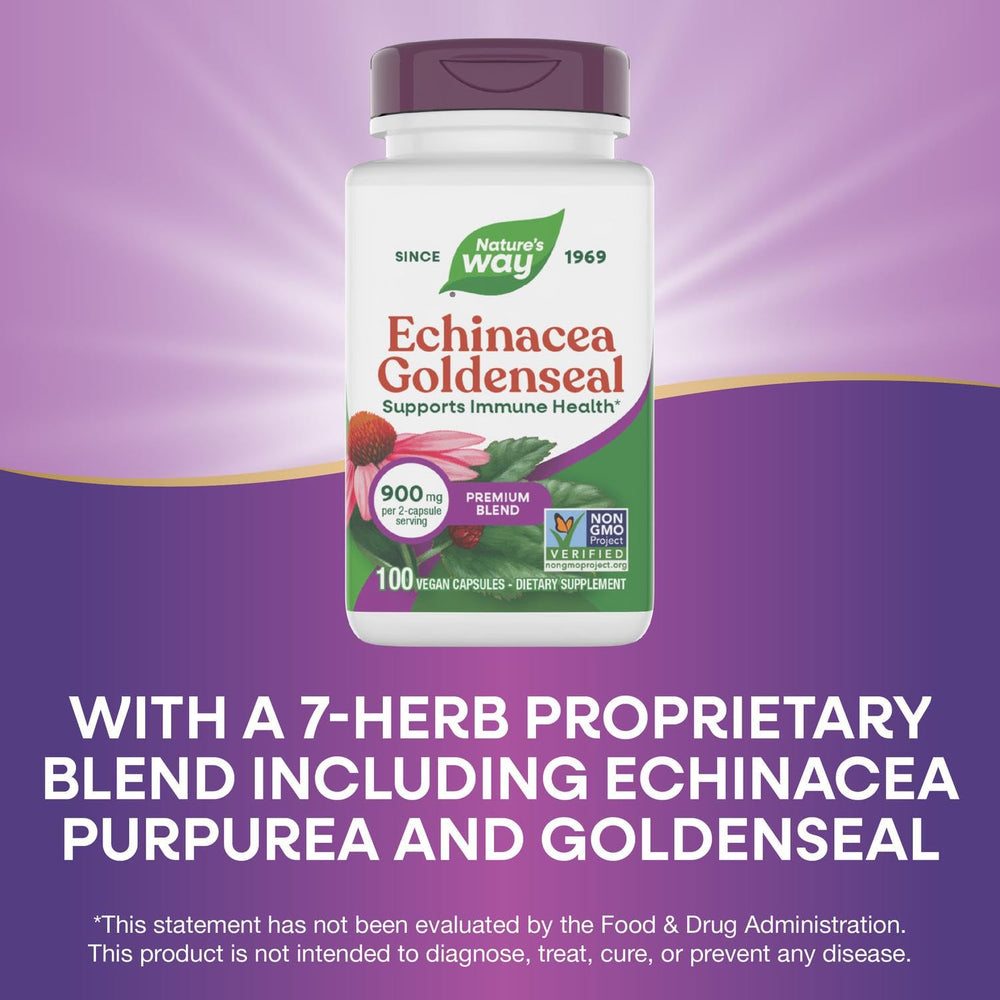 Nature's Way Echinacea Goldenseal vegan and gluten-free capsules for clean supplements.