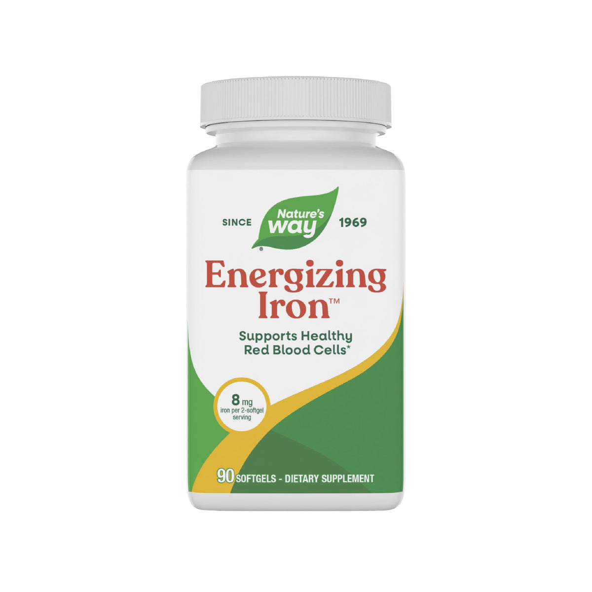 Nature's Way Energizing Iron bottle of softgels on a kitchen counter for daily support.