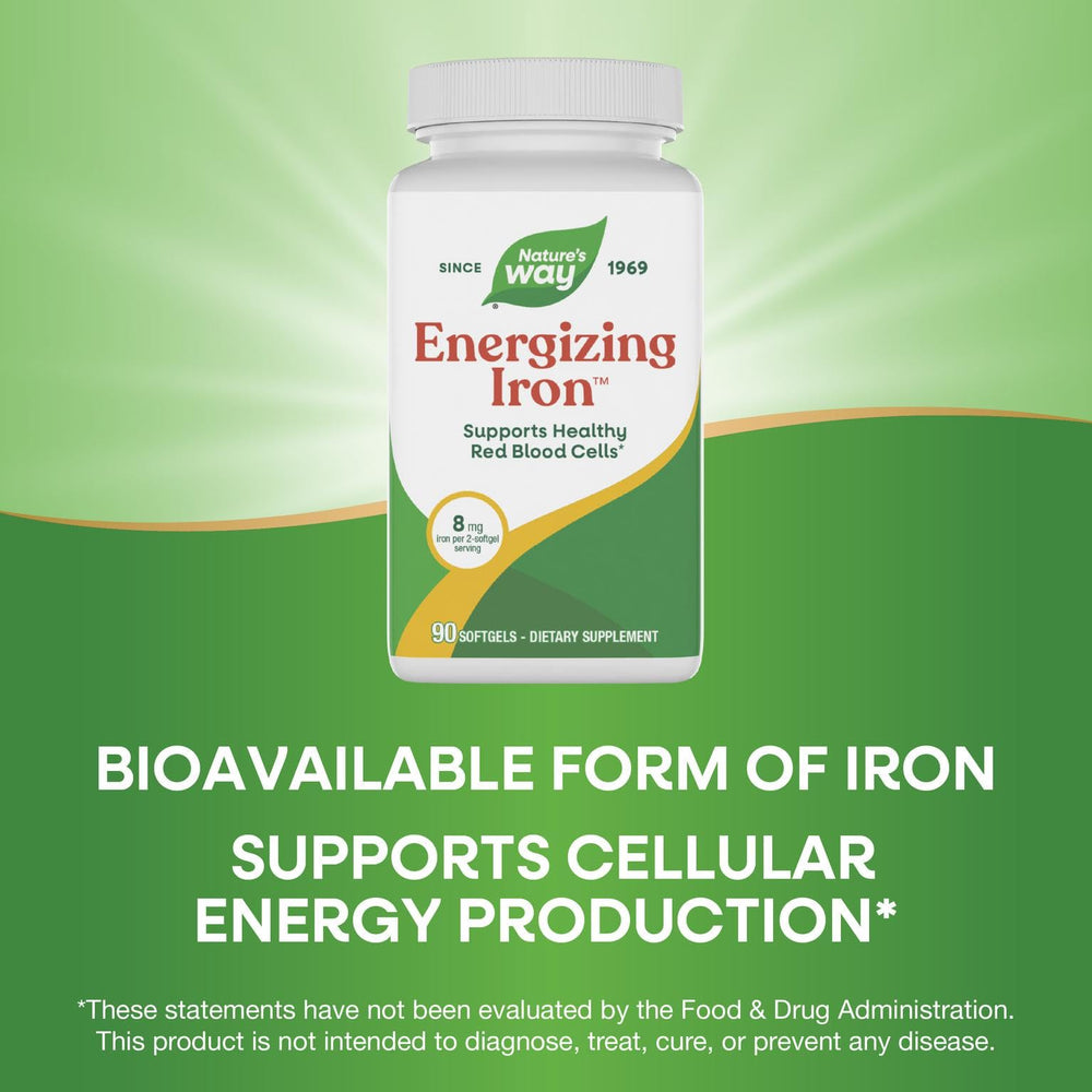 Gluten-free badge visible on Nature's Way Energizing Iron packaging.