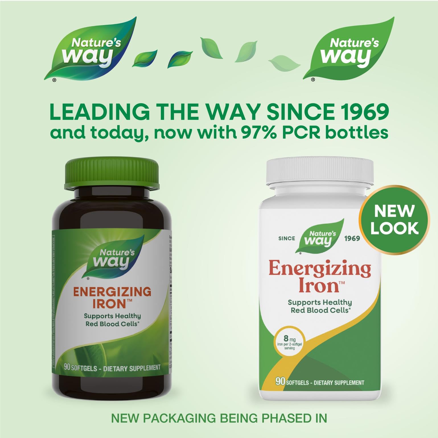 Nature's Way Energizing Iron label front highlighting 8 mg iron per serving.