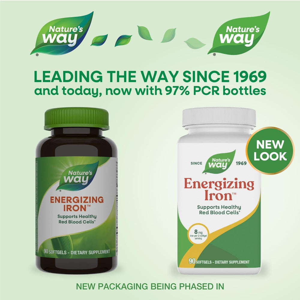 Nature's Way Energizing Iron label front highlighting 8 mg iron per serving.