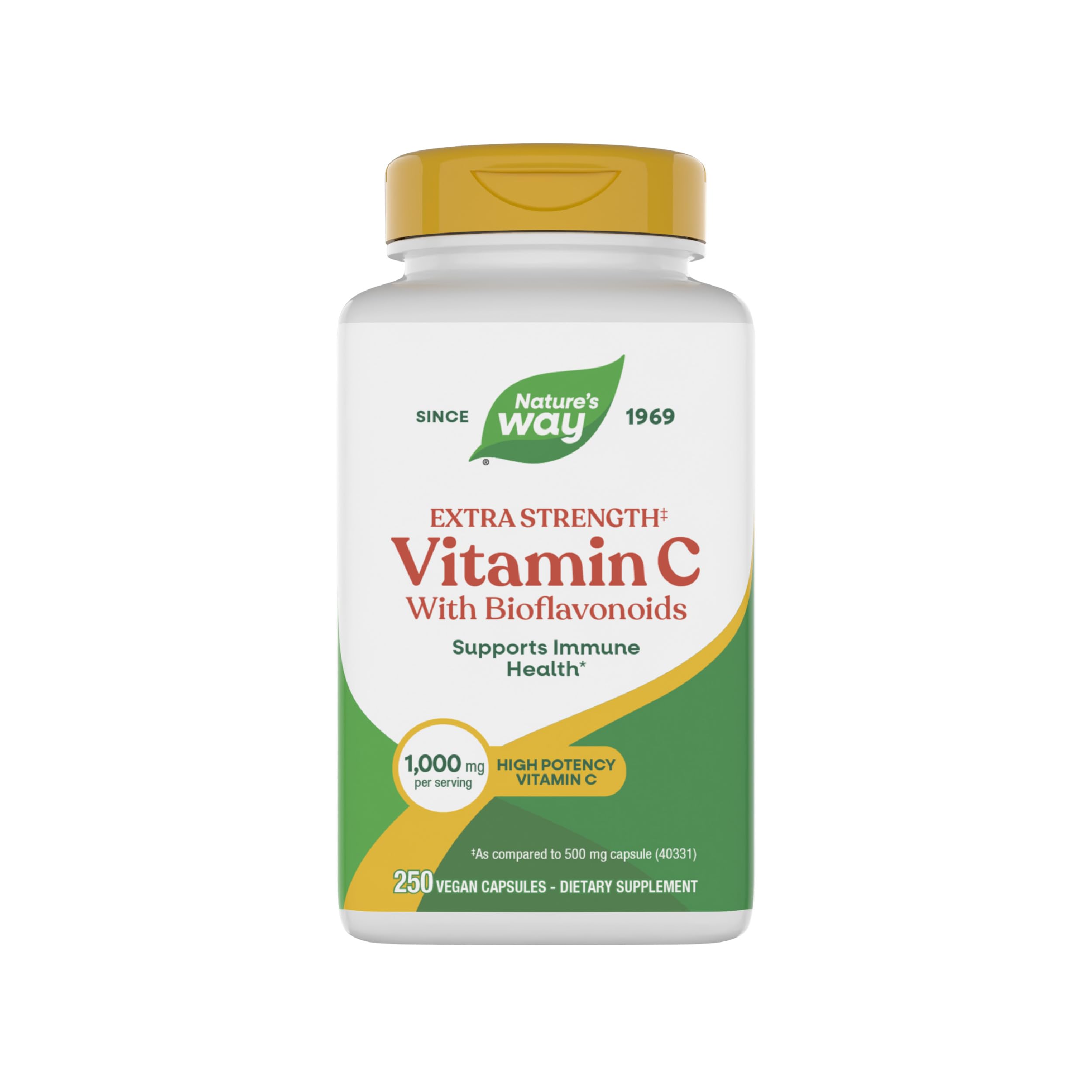Nature's Way Extra Strength Vitamin C bottle with bioflavonoids signaling immune support.