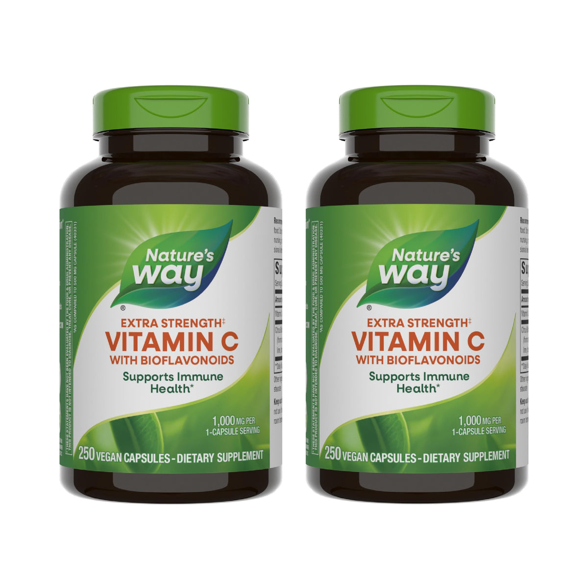 Nature's Way Extra Strength Vitamin C bottle with bioflavonoids signaling immune support.
